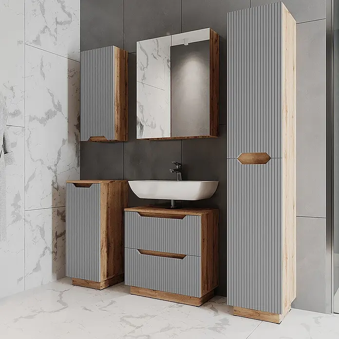Vicco Badmöbel-Set Lotta Grau 5 Teile - Grau, Matt - Modernes Badmöbel-Set mit heller Holzoptik und geriffelten grauen Paneelen, bestehend aus Waschtisch, Hängeschränken und Hochschrank.
