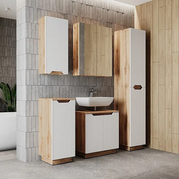 Vicco Badmöbel-Set Lotta Weiß 5 Teile - Weiß, Matt - Modernes Badmöbel-Set aus hellem Holz und weißen geriffelten Paneelen, inklusive Waschbeckenunterschrank, Hochschrank und Wandschrank.