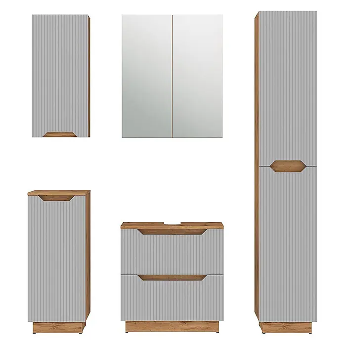 Vicco Badmöbel-Set Lotta Grau 5 Teile - Grau, Matt - Set aus hellgrauen geriffelten Badmöbeln mit Holzoptik-Akzenten, inklusive Schränken und Waschtisch.