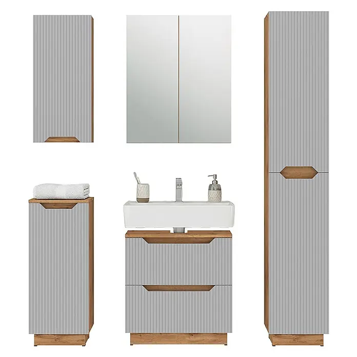Vicco Badmöbel-Set Lotta Grau 5 Teile - Grau, Matt - Modernes Badmöbel-Set mit hellgrauen geriffelten Fronten, Holz-Akzenten und weißem Keramikwaschbecken.