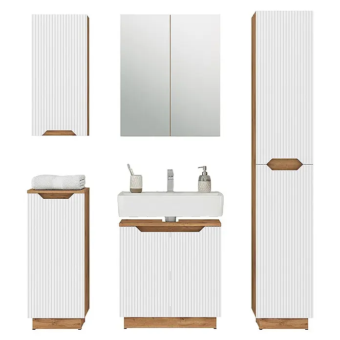 Vicco Badmöbel-Set Lotta Weiß 5 Teile - Weiß, Matt - Weißes Lamellen-Badezimmermöbelset mit Holzdetails und integriertem Waschbecken. Inklusive Hochschrank, Waschtisch, Spiegelschrank und Beistellschrank.
