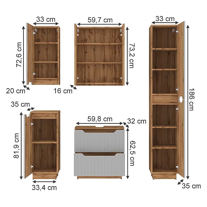 Vicco Badmöbel-Set Lotta Grau 5 Teile - Grau, Matt - Moduläre braune Holzmöbel-Sets mit offenen Regalfächern und graufrontigen Schubladenschränken.