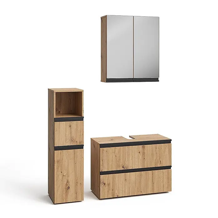 Vicco Badmöbel-Set Torren Artisan 3 Teile,mit Midischrank - Artisan-Eiche, Matt - Set heller Badmöbel aus Holz mit schwarzen Akzenten: Spiegelschrank, Hochschrank und Waschtischunterschrank mit Ausschnitt für Waschbecken.