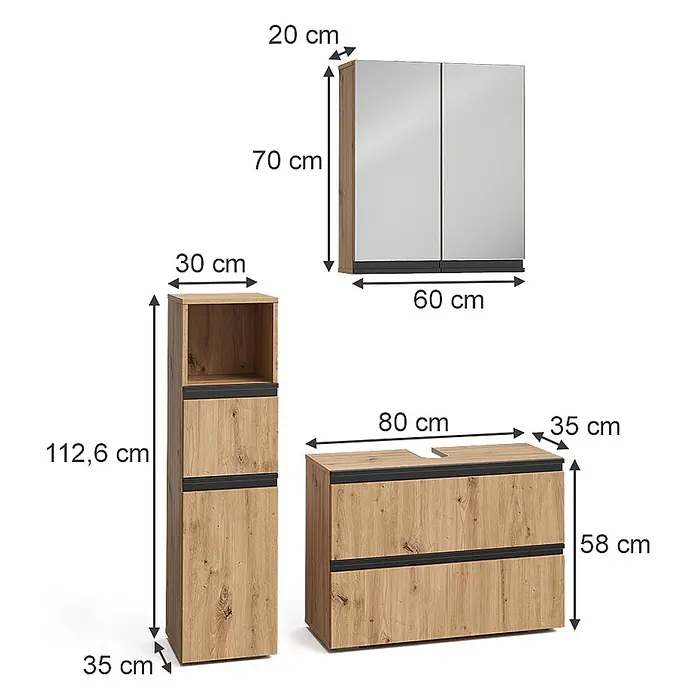 Vicco Badmöbel-Set Torren Artisan 3 Teile,mit Midischrank - Artisan-Eiche, Matt - Drei Badezimmermöbel: ein Hochschrank, ein Waschtischunterschrank und ein Spiegelschrank, in hellem Holz mit schwarzen Akzenten, inklusive Maßen.