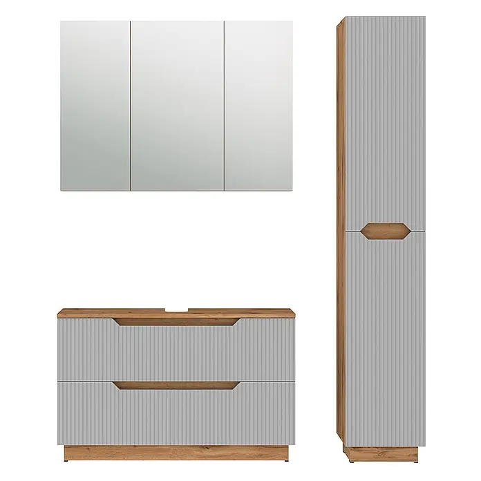 Vicco Badmöbel-Set Lotta Grau 3 Teile - Grau, Matt - Badezimmermöbel-Set mit hellgrauen geriffelten Fronten und Holzoptik-Akzenten: Spiegelschrank, Waschtischunterschrank, Hochschrank.