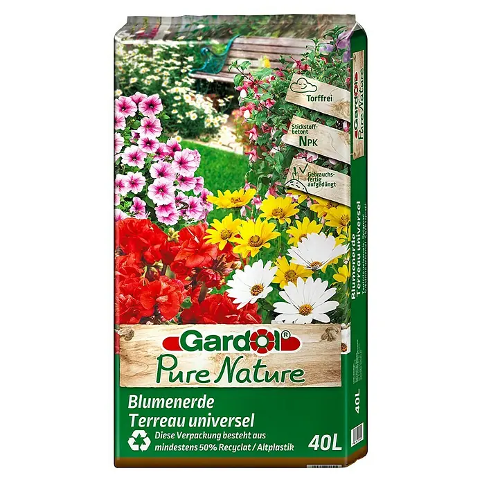 Gardol Pure Nature Blumenerde - 40 l, Torffrei - Abbildung eines 40L-Sacks Gardol Pure Nature Blumenerde, torffrei und gebrauchsfertig aufgedüngt, ideal für Blumen.