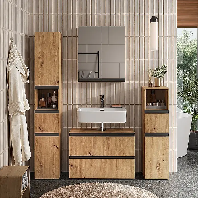 Vicco Badmöbel-Set Torren Artisan 3 Teile,mit Midischrank - Artisan-Eiche, Matt - Modernes Badmöbelset in Holzoptik mit schwarzen Akzenten, bestehend aus Waschtisch, Spiegelschrank und Hochschränken, im Badezimmer.