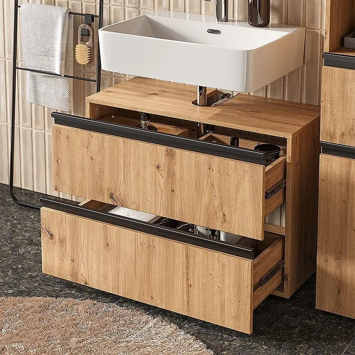 Vicco Badmöbel-Set Torren Artisan 3 Teile,mit Midischrank - Artisan-Eiche, Matt - Badunterschrank aus hellem Holz mit weißem Waschbecken und zwei geöffneten Schubladen, schwarzen Griffen.