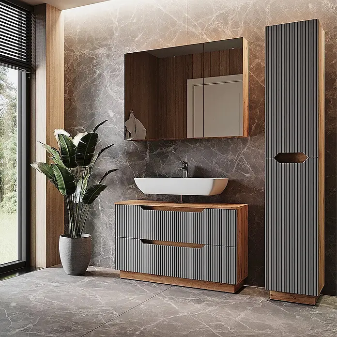 Vicco Badmöbel-Set Lotta Grau 3 Teile - Grau, Matt - Modernes Badmöbel-Set: graue Lamellenfronten, Holzrahmen, weißes Waschbecken, passender Spiegel und Hochschrank.
