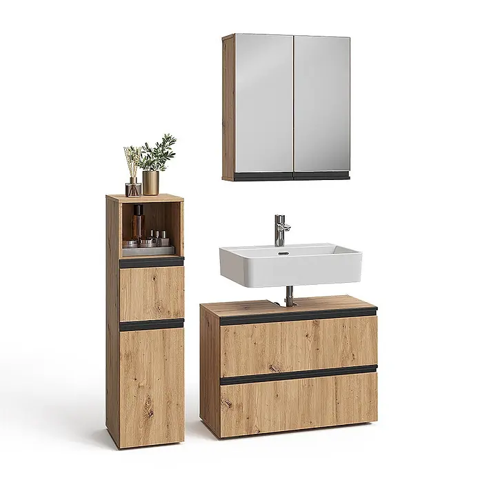 Vicco Badmöbel-Set Torren Artisan 3 Teile,mit Midischrank - Artisan-Eiche, Matt - Modernes hellbraunes Badmöbel-Set aus Holz mit schwarzen Akzenten, bestehend aus Hochschrank, Waschtisch und Spiegelschrank.