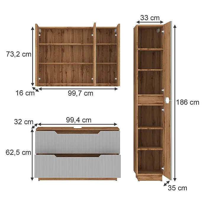 Vicco Badmöbel-Set Lotta Grau 3 Teile - Grau, Matt - Möbelset in Holzoptik mit grauen Akzenten, bestehend aus Wandregal, Waschtisch und Hochschrank mit Maßen.
