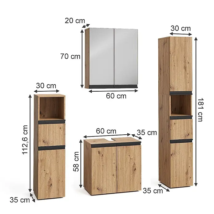 Vicco Badmöbel-Set Torren Artisan 4 Teile - Artisan-Eiche, Matt - Set aus hellen Holz-Badmöbeln mit schwarzen Akzenten, bestehend aus Spiegelschrank, zwei Hochschränken und einem Waschbeckenunterschrank.