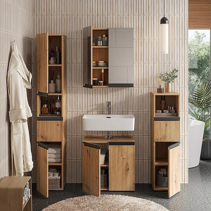 Vicco Badmöbel-Set Torren Artisan 4 Teile - Artisan-Eiche, Matt - Badezimmermöbel-Set aus Naturholz: zwei Hochschränke, Waschtischunterschrank mit weißem Waschbecken und Spiegelschrank für stilvollen Stauraum.