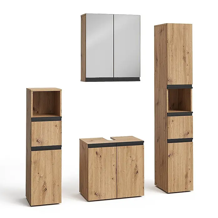 Vicco Badmöbel-Set Torren Artisan 4 Teile - Artisan-Eiche, Matt - Badezimmermöbel-Set in heller Holzoptik mit schwarzen Akzenten: Spiegelschrank, Waschtisch und Hochschränke.