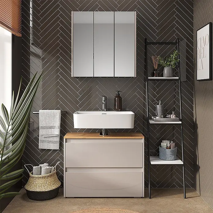 Vicco Badmöbel-Set Majest Cashmere 2 Teile - Cashmere, Matt - Moderner Badwaschtisch mit hellbeigen Schubladen, Holzplatte, weißem Waschbecken und dreitürigem Spiegelschrank.