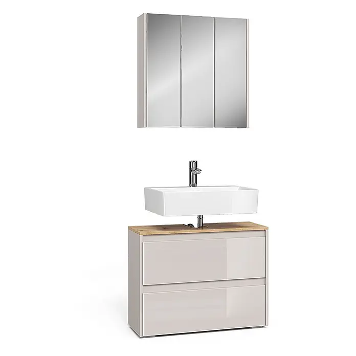 Vicco Badmöbel-Set Majest Cashmere 2 Teile - Cashmere, Matt - Modernes Badmöbelset mit 3-türigem Spiegelschrank, weißem Aufsatzwaschbecken, Chromarmatur und hellbeigem Unterschrank mit Holzplatte.