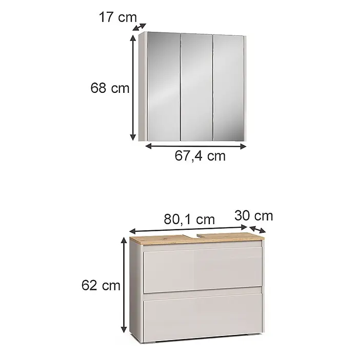Vicco Badmöbel-Set Majest Cashmere 2 Teile - Cashmere, Matt - Hellesgraues Badmöbel-Set: ein Spiegelschrank mit drei Türen und ein Waschtischunterschrank mit Holzplatte und zwei Schubladen.