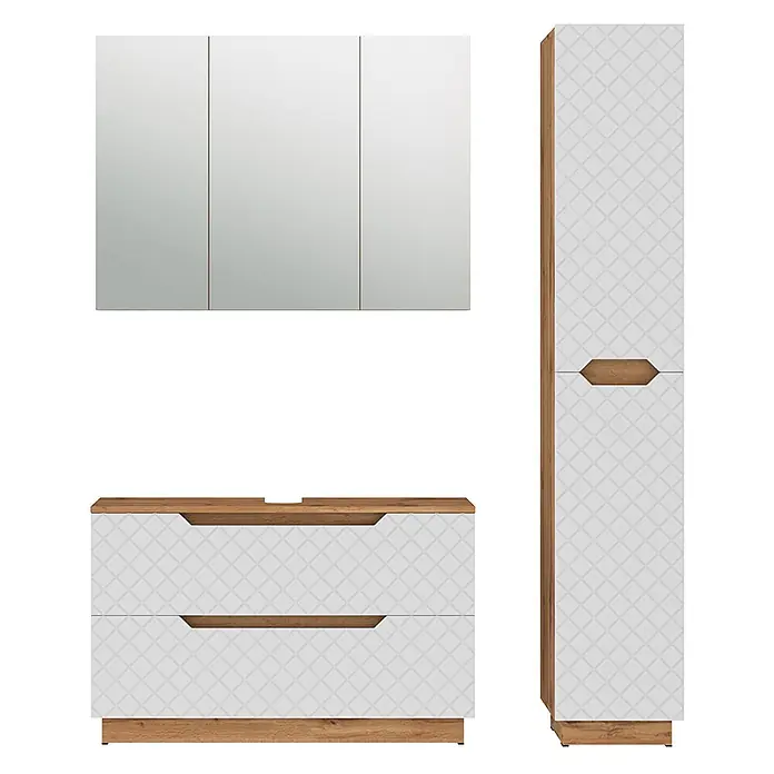 Vicco Badmöbel-Set Lotta Weiß 3 Teile - Weiß, Matt - Weiß gemusterter Badunterschrank, Hochschrank und Spiegelschrank mit Holzakzenten.