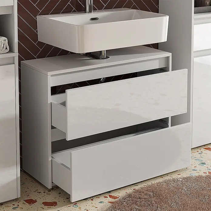 Vicco Badmöbel-Set Majest Weiß Hochglanz 4 Teile - Weiß Hochglanz, Matt - Weißer Hochglanz-Badschrank mit integriertem Waschbecken und zwei teilweise geöffneten Schubladen für viel Stauraum.