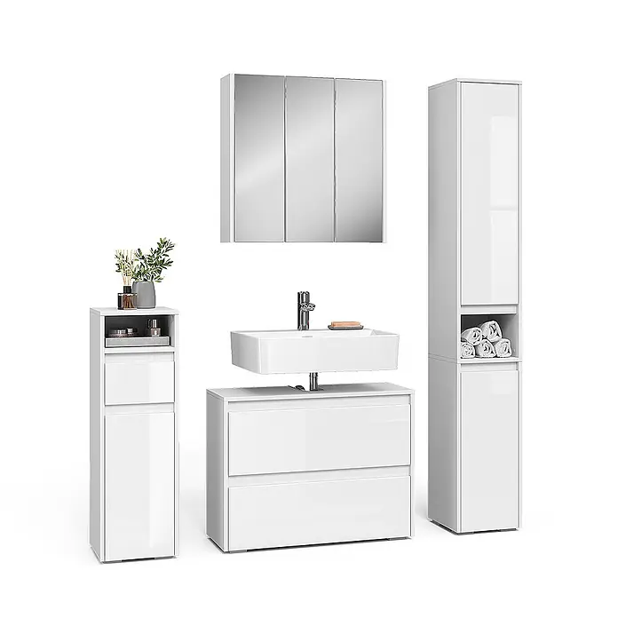 Vicco Badmöbel-Set Majest Weiß Hochglanz 4 Teile - Weiß Hochglanz, Matt - Weißes Hochglanz Badmöbelset mit Spiegelschrank, Waschtischunterschrank und zwei Hochschränken.