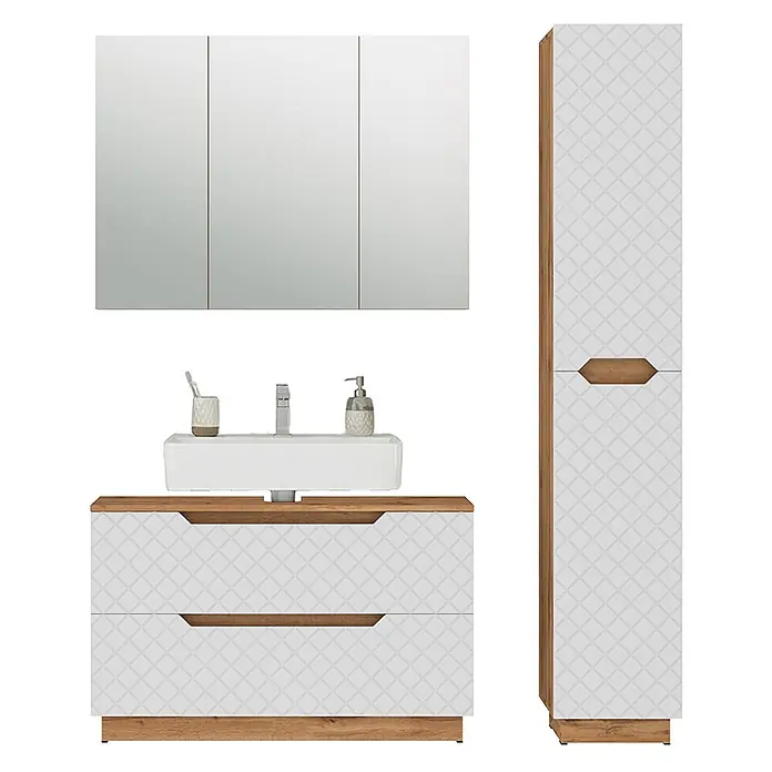Vicco Badmöbel-Set Lotta Weiß 3 Teile - Weiß, Matt - Modernes weißes Badezimmermöbelset mit Holzoptik-Akzenten, Waschtischunterschrank mit Becken, Dreifach-Spiegelschrank und hohem Schrank. Mit dezentem Rautenmuster.
