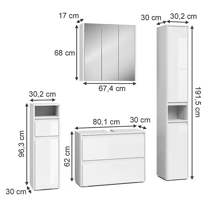 Vicco Badmöbel-Set Majest Weiß Hochglanz 4 Teile - Weiß Hochglanz, Matt - Weißes, glänzendes Badezimmermöbel-Set mit Spiegelschrank, Waschtischunterschrank und zwei Hochschränken, Maße angegeben.