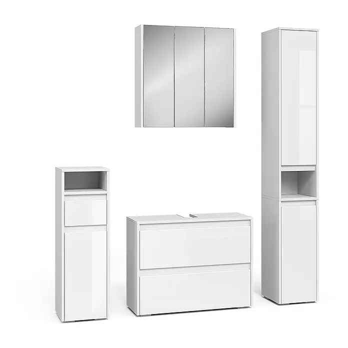 Vicco Badmöbel-Set Majest Weiß Hochglanz 4 Teile - Weiß Hochglanz, Matt - Weißes, glänzendes Badmöbel-Set: Spiegelschrank, Doppelwaschtischunterschrank und zwei Hochschränke.