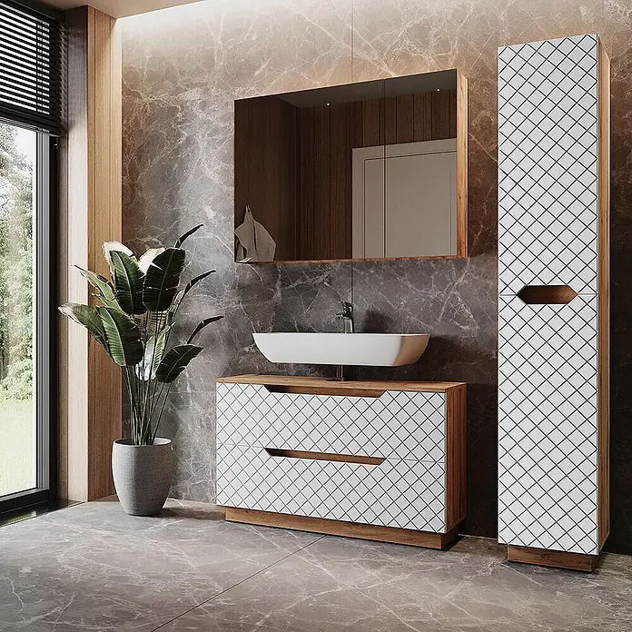 Vicco Badmöbel-Set Lotta Weiß 3 Teile - Weiß, Matt - Moderner Badezimmerschrank mit weißen Fronten im Rautenmuster und einem Aufsatzwaschbecken, dazu passender Hochschrank.