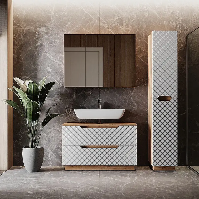 Vicco Badmöbel-Set Lotta Weiß 3 Teile - Weiß, Matt - Modernes Bad mit weißem, rautenförmig gemustertem Waschtischunterschrank, Hochschrank und Spiegelschrank mit Holzdetails.