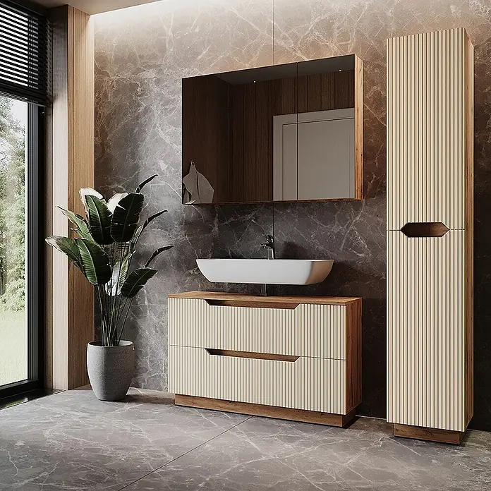 Vicco Badmöbel-Set Lotta Cashmere 3 Teile - Cashmere, Matt - Modernes Badmöbel-Set mit hellbeigen Rillenfronten und Holz-Optik, bestehend aus Waschtisch mit Aufsatzbecken und hohem Stauraumschrank.