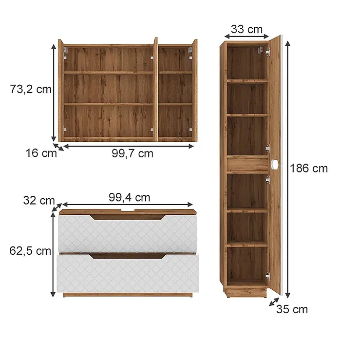 Vicco Badmöbel-Set Lotta Weiß 3 Teile - Weiß, Matt - Möbelset in Holzoptik und Weiß mit Muster: Wandregal, Kommode mit zwei Schubladen und hoher Schrank mit Regalen, bemaßt.