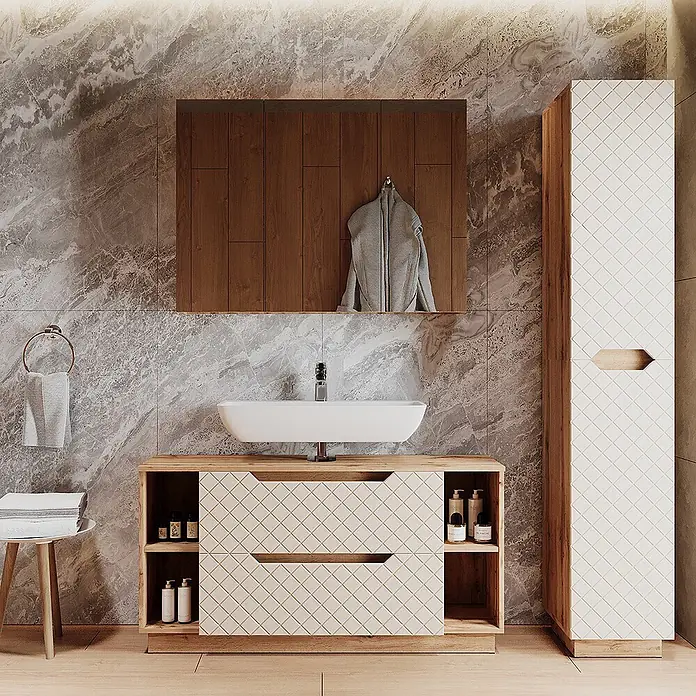 Vicco Badmöbel-Set Lotta, Cashmere 120 cm -  - Moderne Badmöbel aus hellem Holz mit cremefarbenen Fronten und Rautenmuster, inklusive Waschtisch und Hochschrank.