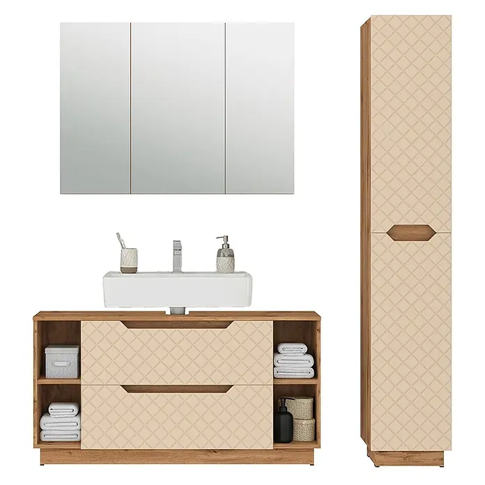 Vicco Badmöbel-Set Lotta, Cashmere 120 cm -  - Badezimmermöbelset aus Holz mit beigefarbenen Musterschubladen, passendem Hochschrank und Spiegelschrank.