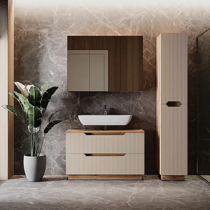Vicco Badmöbel-Set Lotta Cashmere 3 Teile - Cashmere, Matt - Modernes Badmöbel-Set mit geriffelter heller Holzkommode, Hochschrank, dunkelholzgerahmtem Spiegelschrank und weißem Aufsatzwaschbecken.