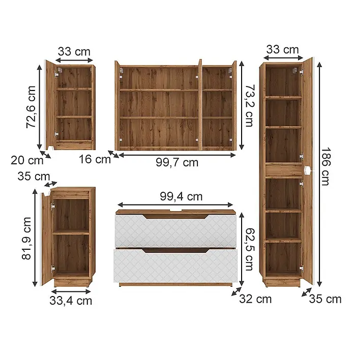 Vicco Badmöbel-Set Lotta Weiß 5 Teile - Weiß, Matt - Modulares Holzschranksystem mit weißen Akzenten, verschiedene Schrank- und Schubladeneinheiten mit Maßen.
