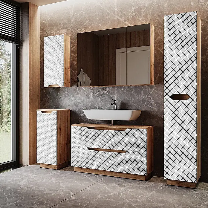 Vicco Badmöbel-Set Lotta Weiß 5 Teile - Weiß, Matt - Modernes Badmöbel-Set aus Holz mit weißen Fronten und Rautenmuster, bestehend aus Waschtisch, Wand- und Hochschränken.