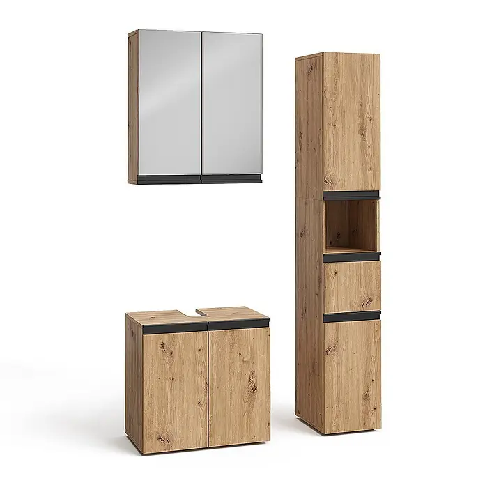 Vicco Badmöbel-Set Torren Artisan 3 Teile,mit Hochschrank - Artisan-Eiche, Matt - Drei Badschränke aus hellem Holz mit schwarzen Akzenten: ein Spiegelschrank, ein Waschbeckenunterschrank und ein hoher Hochschrank.