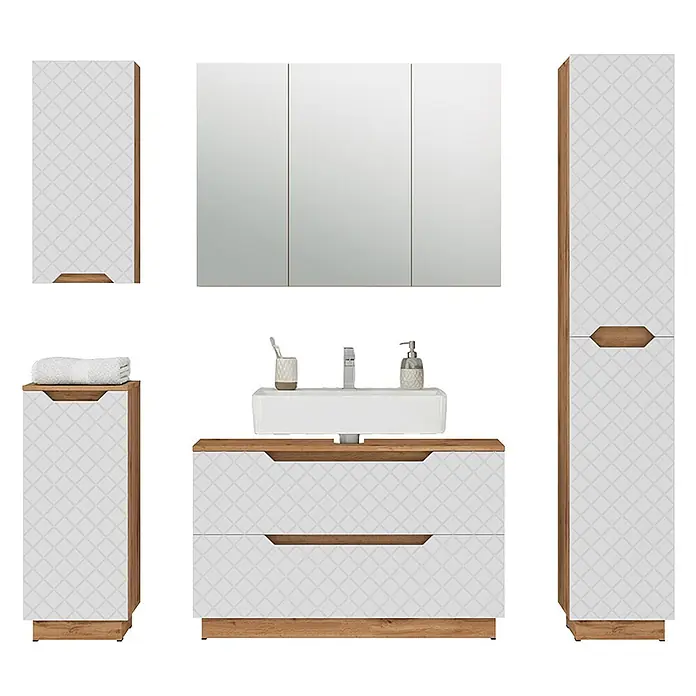 Vicco Badmöbel-Set Lotta Weiß 5 Teile - Weiß, Matt - Weißes Badezimmermöbel-Set mit geometrischem Muster und Holzdetails, inklusive Waschtisch, Spiegelschrank und Hochschränken.