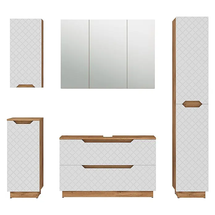 Vicco Badmöbel-Set Lotta Weiß 5 Teile - Weiß, Matt - Modernes Badmöbelset: weiße, gemusterte Fronten mit Holzrahmen und Griffen, inklusive Spiegelschrank, Waschtischunterschrank und Schränken.