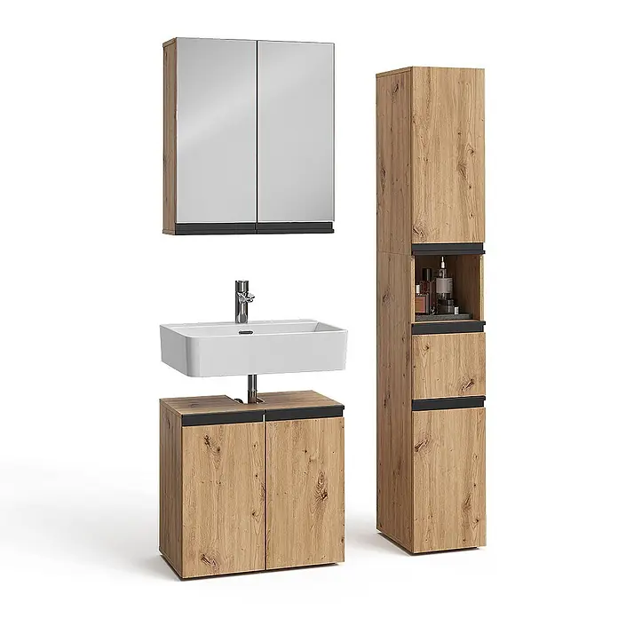Vicco Badmöbel-Set Torren Artisan 3 Teile,mit Hochschrank - Artisan-Eiche, Matt - Badezimmermöbel-Set in Eichenoptik: Spiegelschrank, Waschtisch mit Waschbecken und Hochschrank mit dunklen Akzenten.