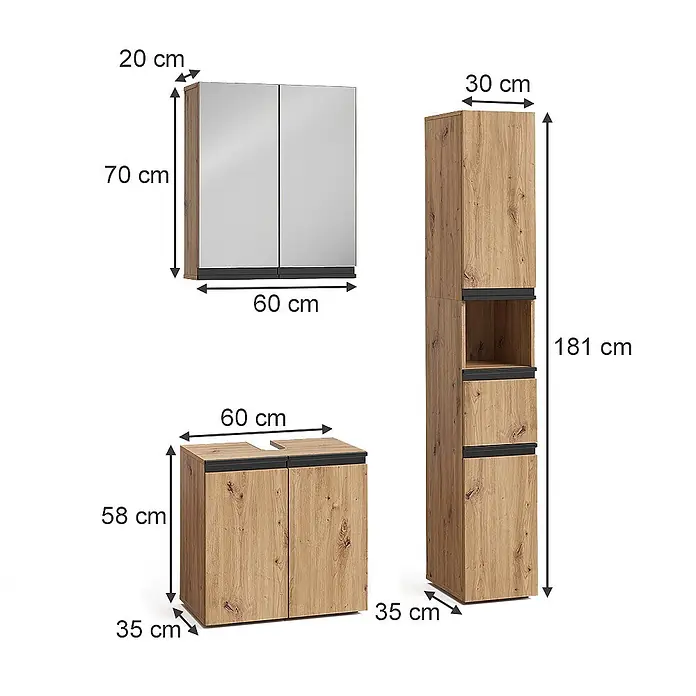 Vicco Badmöbel-Set Torren Artisan 3 Teile,mit Hochschrank - Artisan-Eiche, Matt - Badezimmermöbel-Set in Holzoptik mit dunklen Akzenten, bestehend aus Spiegelschrank, Hochschrank und Waschtischunterschrank.