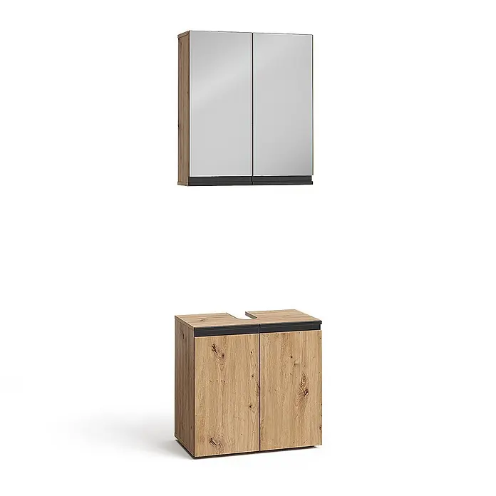 Vicco Badmöbel-Set Torren Artisan 2 Teile - Artisan-Eiche, Matt - Badmöbel-Set in Holzoptik mit Spiegelschrank und passendem Unterschrank, akzentuiert mit Schwarz.