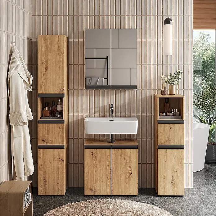 Vicco Badmöbel-Set Torren Artisan 2 Teile - Artisan-Eiche, Matt - Modernes Badezimmermöbel-Set aus hellem Holz mit schwarzen Akzenten: Waschtischunterschrank mit Waschbecken, zwei Hochschränke, Spiegelschrank.