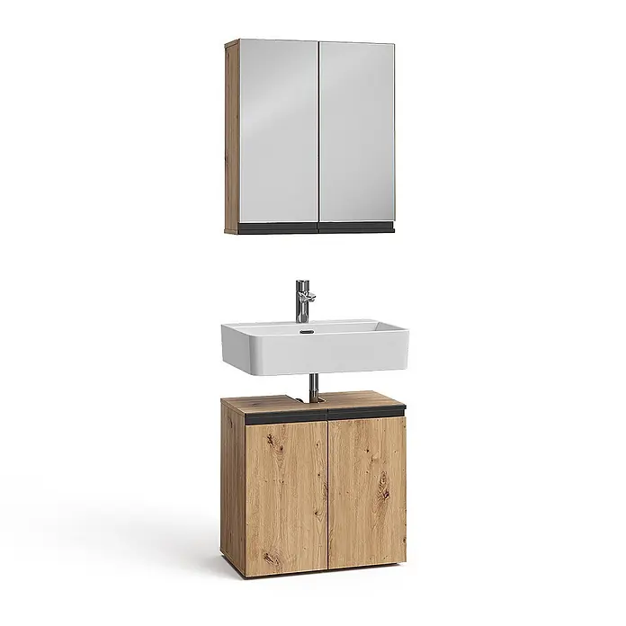 Vicco Badmöbel-Set Torren Artisan 2 Teile - Artisan-Eiche, Matt - Modernes Badezimmerset mit hellem Holz-Waschtischunterschrank, weißem Waschbecken, Chromarmatur und Spiegelschrank mit schwarzen Akzenten.