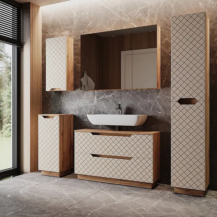 Vicco Badmöbel-Set Lotta Cashmere 5 Teile - Cashmere, Matt - Modernes Badmöbelset in Hellbeige mit Rautenmuster und Holzdetails, inklusive Hängewaschbecken, Schränken und hohem Stauraumschrank.