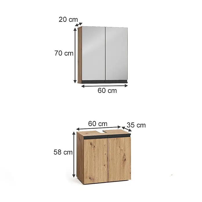 Vicco Badmöbel-Set Torren Artisan 2 Teile - Artisan-Eiche, Matt - Zwei Badezimmerschränke in Holzoptik mit Maßen: ein Spiegelschrank und ein Waschtischunterschrank mit Sinkausschnitt.