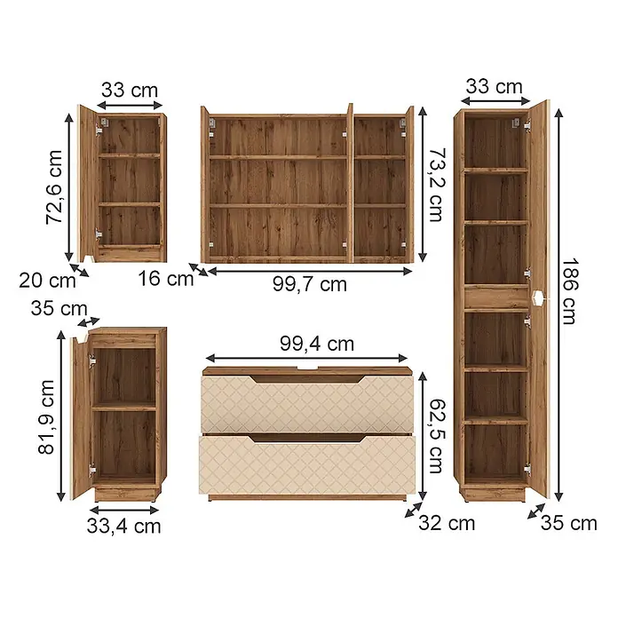 Vicco Badmöbel-Set Lotta Cashmere 5 Teile - Cashmere, Matt - Modulare Holzschränke und Kommode in Naturholzton mit beigefarbenen Fronten, bemaßt.