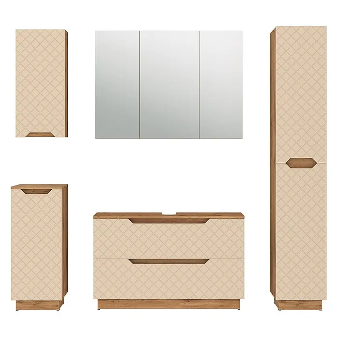 Vicco Badmöbel-Set Lotta Cashmere 5 Teile - Cashmere, Matt - Modulares Badmöbel-Set in Hellbeige mit geometrischem Muster und Holzgriffen, inklusive Spiegelschrank, Waschtisch und Stauraum.
