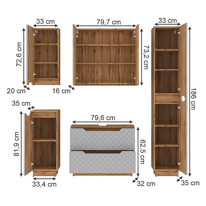 Vicco Badmöbel-Set Lotta Grau 5 Teile - Grau, Matt - Modulares Holzmöbelset mit Regalen und Schubladen, bemaßt.