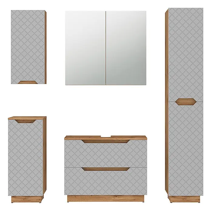 Vicco Badmöbel-Set Lotta Grau 5 Teile - Grau, Matt - Badmöbel-Set: hellgraue gemusterte Schränke mit Holzdetails und Spiegelschrank.